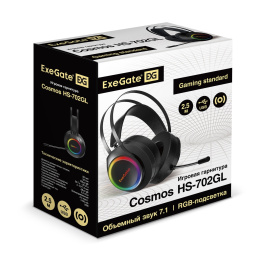 Полноразмерные игровые наушники с микрофоном (гарнитура) ExeGate Cosmos HS-702GL (регулировка оголовья, гибкий дежатель микрофона, объемный звук 7.1, длина кабеля 2.5м, динамик 50мм, 20-20000Гц, RGB подсветка, USB интерфейс, регулировка громкости, Color B