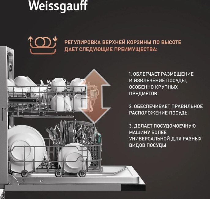 Встраиваемая посудомоечная машина WEISSGAUFF BDW 4026, узкая, ширина 44.8см, полновстраиваемая, загрузка 9 комплектов 432977