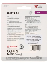 Карта памяти SDHC UHS-I U1 Transcend 16 ГБ, 95 МБ/с, Class 10, TS16GSDC300S, 1 шт., без адаптера