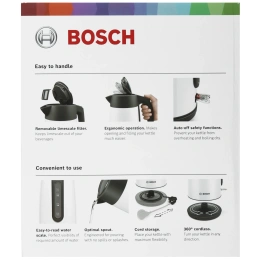 Электрочайник Bosch TWK7L461 2400 Вт, объем 1.7 л, материал корпуса: металл/пластик, материал колбы: нержавеющая сталь, с возможностью вращения на 360°, механическое управление