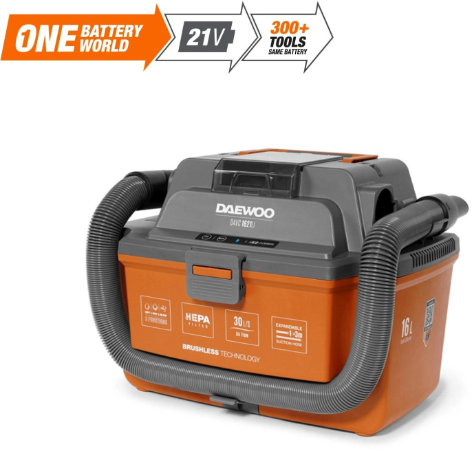 Строительный пылесос Daewoo DAVC 1621Li SET 200Вт уборка: сухая/сбор воды/выдув оранжевый