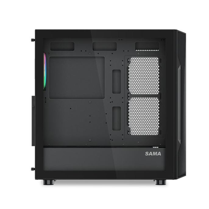 Корпус SAMA S40 Black (S40-BKAPA4X1-GL) (материал: сталь SPCC, окно: закалённое стекло, 1xUSB-C, 2xUSB3.0, Audio, без БП, 3x3.5” и 3x2.5”/3.5″, 7 слотов расширения, ATX, длина видеокарты: 415 мм, высота кулера: 164 мм, воздушное охлаждение: сверху 3х120мм