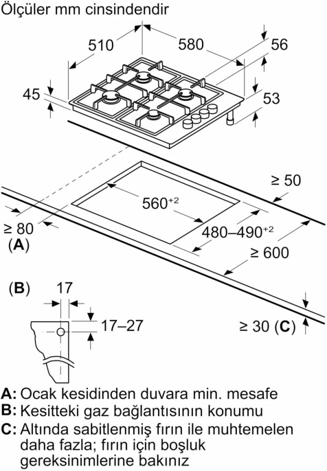 Газовая варочная поверхность Bosch PBP6C5K80O нержавеющая сталь