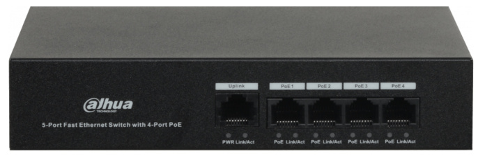 Коммутатор Dahua DH-PFS3005-4ET-36 неуправляемый, коммутационная матрица: 1 Гбит/с, скорость передачи пакетов: 744 Kpps, таблица MAC-адресов: 1K, питание: вход AC 100~240 В, Ethernet-порт: 1х10/100 Base-T, 4х10/100