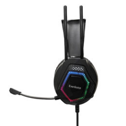 Полноразмерные игровые наушники с микрофоном (гарнитура) ExeGate Cosmos HS-704GL (регулировка оголовья, гибкий дежатель микрофона, объемный звук 7.1, длина кабеля 2.5м, динамик 50мм, 20-20000Гц, RGB подсветка, USB интерфейс, регулировка громкости, Color B