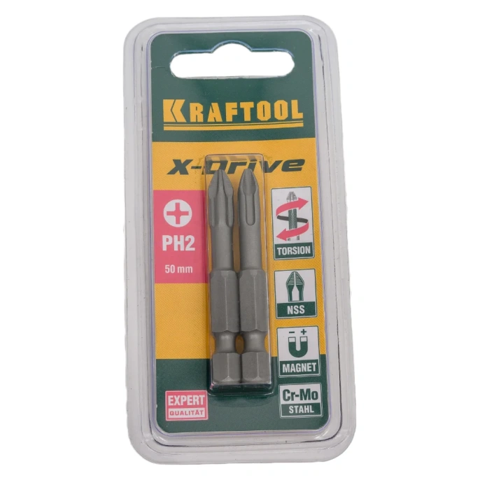 Биты торсионные кованые X-Drive PH2, 50мм, 2шт KRAFTOOL 26121-2-50-2
