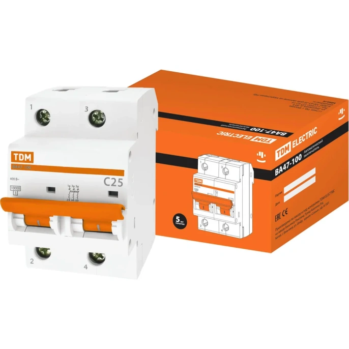Автоматический выключатель TDM ELECTRIC ВА47-100 2Р 25А 10кА С SQ0207-0059