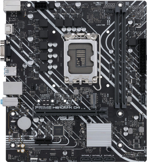 Материнская плата ASUS PRIME H610M-K D4 (mATX, 23.4x20.3 см, Intel H610, 2xDDR4 DIMM, 3200МГц, до 64 Гб, звук 7.1, 4xSATA3.0 (6Gb/s), 1xM.2, 1xPCIe4.0x16, 1xPCIe3.0x1)