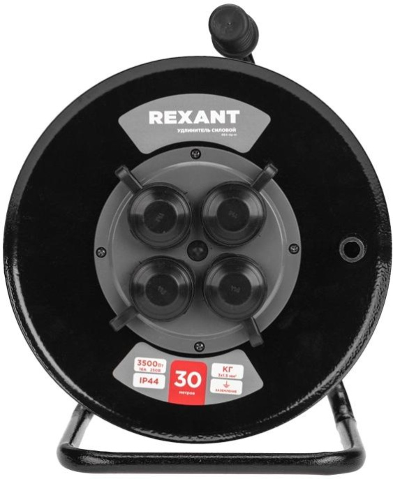 Удлинитель силовой REXANT КГ, розеток 4шт, 3x1.5 кв.мм, 16A, 30м, КГ, катушка металлическая, черный [13-5011]