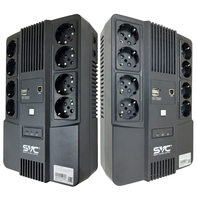 Источник бесперебойного питания SVC 800ВА/480Вт, Вых.разъёмы: 4 розетки Schuko + 4 розетки Schuko без бат. поддержки + 2*USB A , Светодиодная индикация, Напольный U-800/BSSC