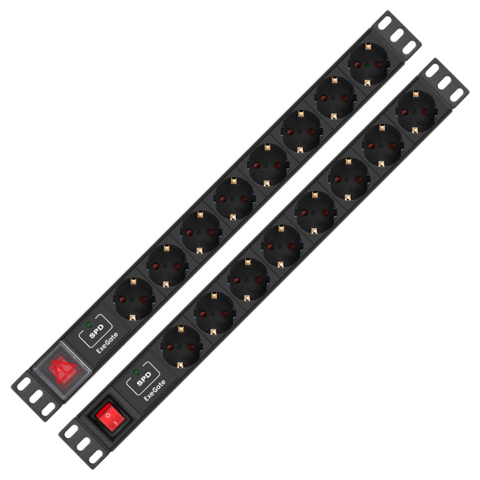 Блок розеток с сетевым фильтром Surge Protect и выключателем с подсветкой ExeGate ServerPro PDU-19H805 Al-8S-EU3CU-SW-SPD1 19", 1U, Алюминий, 8*EU/Тип F Schuko , Евровилка EU/Тип F Schuko VDE-250V-16A-3*1.5mm2, медь, 3 метра, выкл. с подсветкой, SPD1,