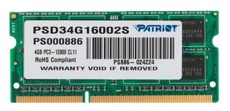 Оперативная память Patriot PSD34G16002S DDR3 - 1x 4ГБ 1600МГц, для ноутбуков SO-DIMM , Ret