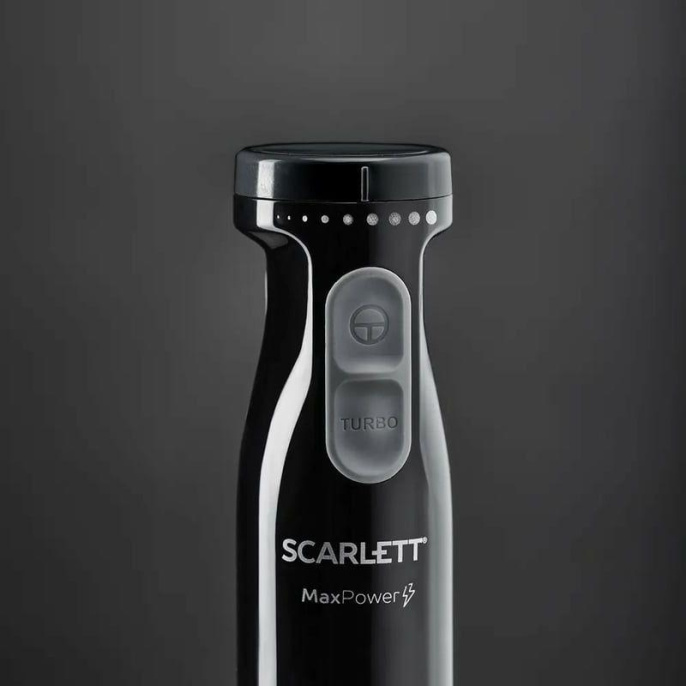 Блендер Scarlett SC-HB42F08 (погружной, мощность: 900 Вт, 2 скорости, эргономический дизайн, материал металл, режим турбо, венчик для взбивания, измельчитель, цвет черный)