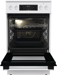 Плита Gorenje GECS5C60WPA, полезный объем 70 л, эргономичные переключатели, сенсорный программатор IconLED, эмаль SilverMatte, очистка паром, индикатор остаточного тепла для каждой конфорки, телескопические направляющие на 2-х уровнях, дверца CompactDo