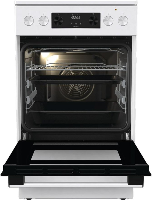 Плита Gorenje GECS5C60WPA, полезный объем 70 л, эргономичные переключатели, сенсорный программатор IconLED, эмаль SilverMatte, очистка паром, индикатор остаточного тепла для каждой конфорки, телескопические направляющие на 2-х уровнях, дверца CompactDo