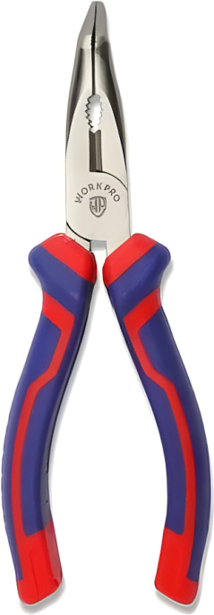 Длинногубцы WorkPro WP231043 200мм материал: углеродистая сталь, кованая углеродистая сталь с покрытием Ni-Fe для долговечности, удобные двухкомпонентные рукоятки, обтекаемый дизайн с надежным захватом губок с насечкой и накаткой