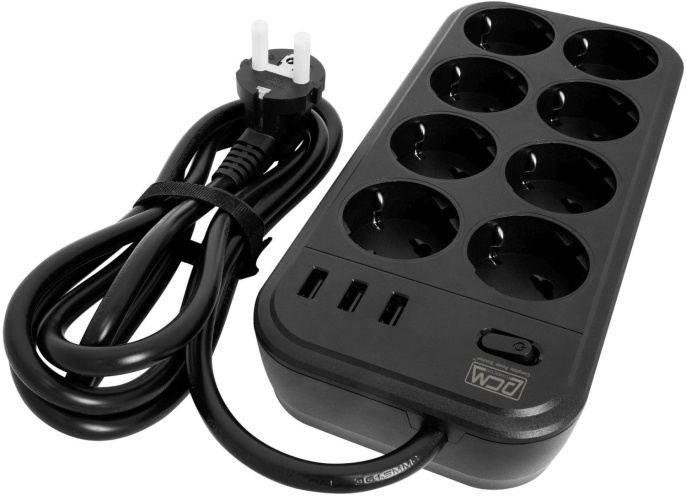 Фильтр-удлинитель PowerCom SP-08 USB03AB 1.8M, 8 розеток, черный, 16А, 4кВт, 175Дж, 3*USB, защитные шторки, защита от КЗ, перегрузки, ВЧ и импульсных помех, кабель 3x1 мм2, ШхГхВ 230х105х45 мм, вес 0.55 кг./ Surge protector PowerCom SP-08 USB03AB 1.8M, 8