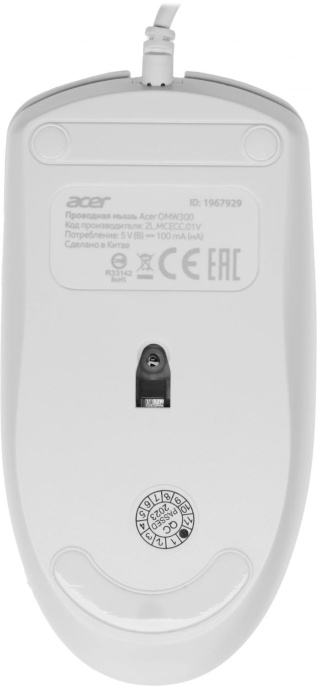 Мышь проводная Acer OMW300, оптическая, USB, 1200dpi, белый [zl.mcecc.01v]