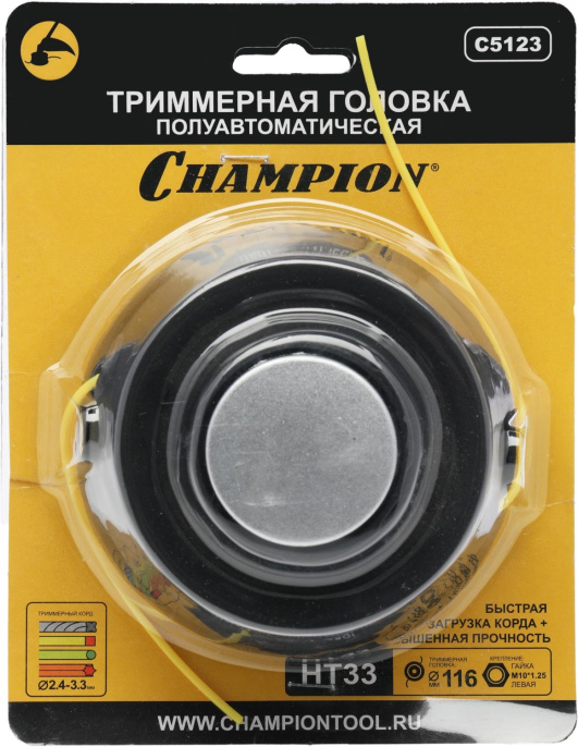 Катушка для садовых триммеров Champion HT33 d 3.3мм L 3м для Champion: Т233, Т256 ,Т263, Т266, Т333, Т334FS, Т336, Т337, Т436, Т437, Т516, Т517, ET1004A, ET1200A; ECHO: SRM-22GES, SRM-2305SI, SRM- 2655SI, SRM-330ES, SRM-350ES, SRM-4605; HUSQVARNA: 122L, 1