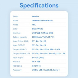 Power Bank Vention 20000mAh M/C-A/A 22.5W Черный с LED Дисплеем FHLB0