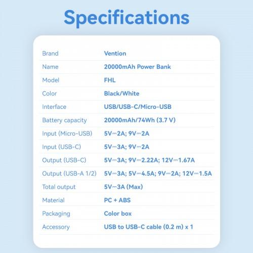 Power Bank Vention 20000mAh M/C-A/A 22.5W Черный с LED Дисплеем FHLB0