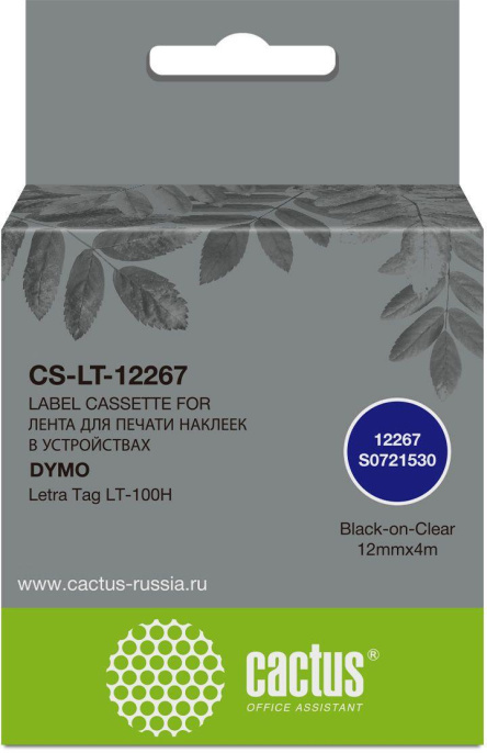 Картридж Cactus CS-LT-12267, 12267, 12мм,  черный шрифт, прозрачный фон,  4м ( CS-LT-12267