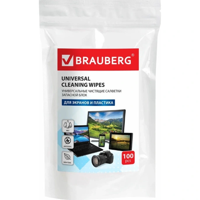 Чистящие салфетки для экранов и пластика BRAUBERG 100 шт влажные 511685