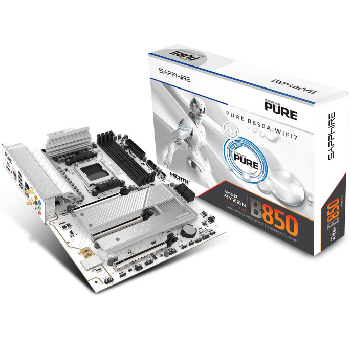 Материнская плата Sapphire B850A PURE WIFI7 B850, AM5, 4*DDR5, 3*PCIEx16, 3*M.2, 2*TypeC, 3*USB3.2Gen2, 2*USB3.2Gen1, 6*USB2.0, 4*SATA3.0, 2.5G, DP, HDMI, ATX, RTL 52123-11-40G