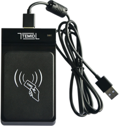 Считыватель Temid T-CR20E идентификация: RFID карта, частота: 125 кГц, расстояние считывания: до 5 см, индикация: световая и звуковая, интерфейс: USB, питание: USB 5V DC / Max.