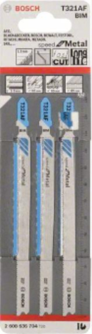 Набор пильных полотен Bosch T321AF Speed for Metal 3шт 2.608.636.704 для всех лобзиков с T-образным хвостовиком, позволяет выполнять быстрые прямые пропилы в металле, форма обратного конуса, общая длина: 132 мм, шаг зубьев: 1,2 мм, материал: BIM