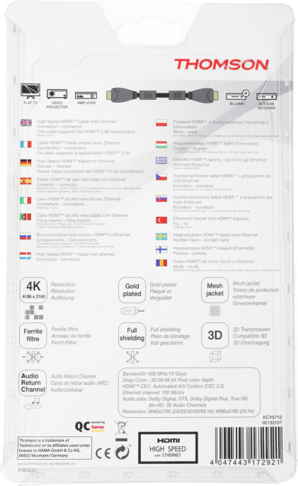 Кабель аудио-видео Thomson High Speed, HDMI m - HDMI m , 3м, GOLD, ф/фильтр, черный [00132107]