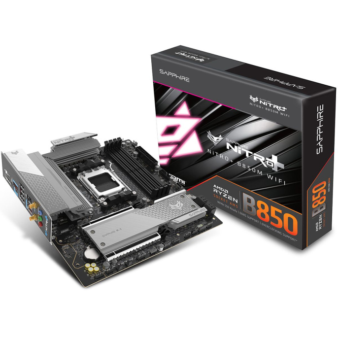 Материнская плата Sapphire B850M NITRO+ WIFI B850, AM5, 4*DDR5, 2*PCIEx16, 2*M.2, 2*TypeC, 3*USB3.2Gen2, 2*USB3.2Gen1, 6*USB2.0, 4*SATA3.0, 2.5G, DP, HDMI, M-ATX, RTL 52123-01-40G