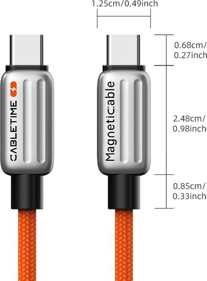 Магнитный кабель USB-C CABLETIME CU08H (CT-CM240-MZB1) 1 м, 480 Мбит/с, 5А/48В, 240Вт, PD 3.1, черный, для быстрого заряда смартфонов и ноутбуков