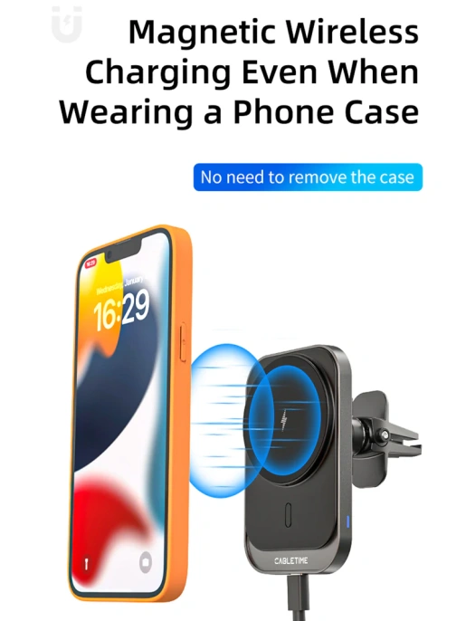 Беспроводное зарядное устройство CABLETIME CE11B (CT-WPH01-PG) автодержатель, Qi-зарядка 15 Вт, быстрая зарядка, автоматическое зажимание, магнитное крепление