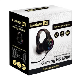 Полноразмерные игровые наушники с микрофоном (гарнитура) ExeGate Gaming HS-520G (регулировка оголовья, гибкий держатель микрофона, USB, 2x3.5мм, динамик 40мм, 20-20000Гц, длина кабеля 2.5м, регулировка громкости, RGB подсветка) EX295316RUS
