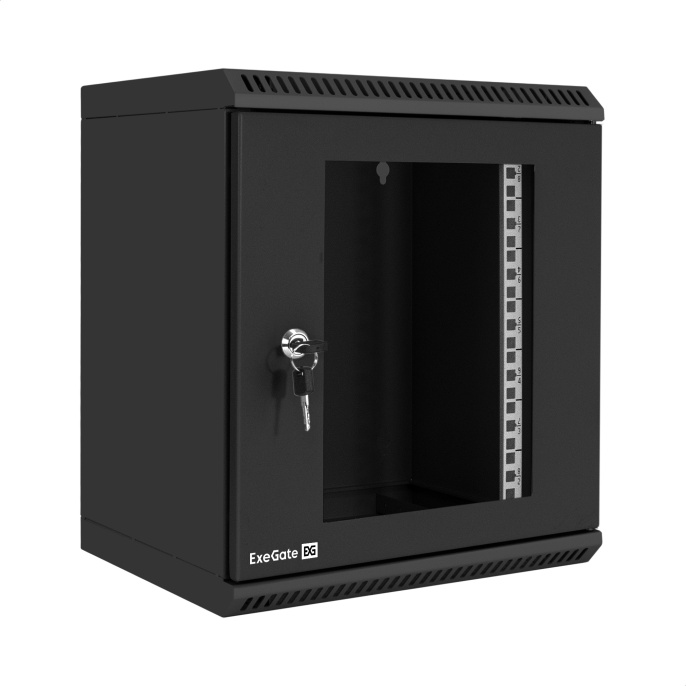 Шкаф телекоммуникационный 10" настенный 9U ExeGate EC-WM-9U.280.G.BLACK (10”, 9U, 350x280x420mm (ШхГхВ), передняя дверь закаленное стекло, пыле- и влагозащита IP23, черный RAL 9004) EX298626RUS