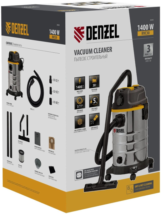 Строительный пылесос Denzel RVC30 1400Вт уборка: сухая/влажная/выдув/сбор воды серебристый (28203)