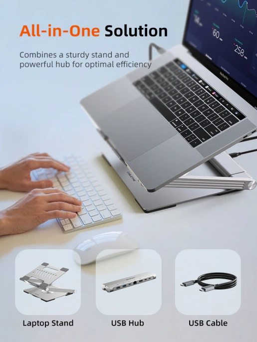 Подставка CABLETIME CS51S (CT-LSH01-AS) для ноутбука с вращением на 360° и концентратором 6-в-1