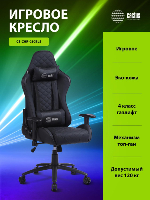 Кресло игровое Cactus CS-CHR-030BL, экокожа, до 120кг, регулируемые 2D подлокотники,  черный
