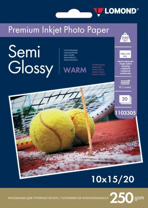 1103305 Фотобумага ПРЕМИУМ для стр.печати LOMOND 250 г/м2 односторонняя Semi-Glossy Warm 10х15см 20л