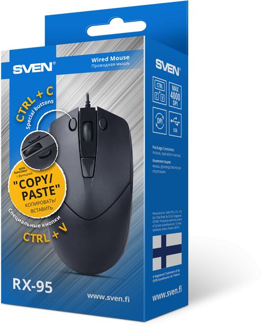 Мышь Sven RX-95 чёрная кн. копировать-вставить. 5+1кл. 1000-4000 DPI, кор. SV-020323