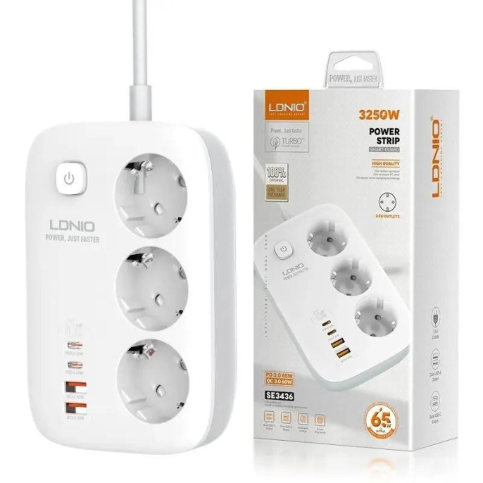 LDNIO SE3436/ Сетевой удлинитель 2м/ 3 розетки/ 3250W/ 4 USB: QC 4.0+PD 3.0+PPS/ GAN 65W/ White
