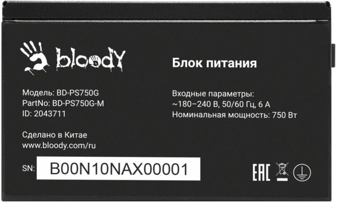 Блок питания BLOODY BD-PS750G, 750Вт, 80 PLUS GOLD, 120мм, черный, retail [bd-ps750g-mr]