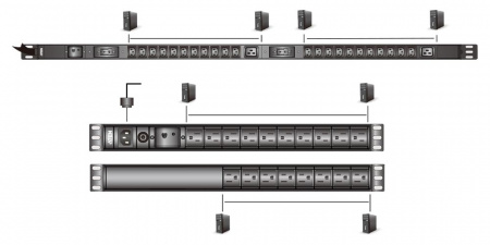 ATEN PE0224SG-AT-G Устройство распределения питания, без управления, 16A, 3.84kW, 24 порта, 1 банк,, ввод IEC 320 C20, 22*C13+2*C19;защита от повыш. напряжения; без шнуров
