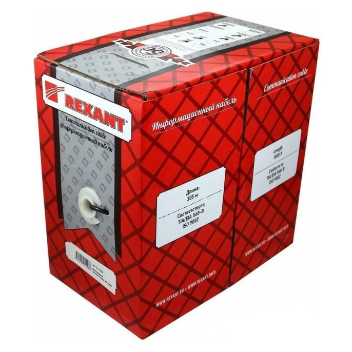 Rexant 01-0023 Кабель витая пара U/UTP, CAT 5e, PVC, 2PR, 24AWG, INDOOR, SOLID, серый, 305м