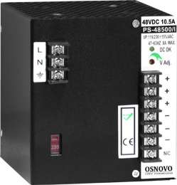 Промышленный блок питания OSNOVO PS-48500/I Промышленный блок питания. DC48V, 10,5A 500W . Диапазон входных напряжений: AC195-265V. КПД: 85%. Регулировка выходного напряжения в диапазоне 44-53V. Защита от короткого замыкания,