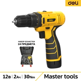 Дрель-шуруповерт аккумуляторная DELI DL-DZ12-6A2 1 акб, 12В х 2Ач, ЗУ, 30Нм, набор оснастки 24 предмета, кейс 164631
