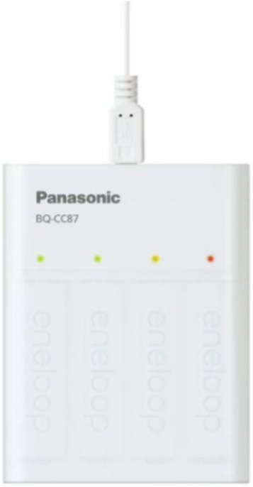 Зарядное устройство для аккумуляторов Panasonic Eneloop BQ-CC87/4xBK-3MCCE USB-Charger (K-KJ87MCD40USB) (DC 5V, DC 1,5V AA 500mA x4, AAA 250mA x4, USB-out: DC 5V 1A, время зарядки: до 4.5 часов, индикатор, в комплекте 4 аккумулятора AA 2000 мАч)