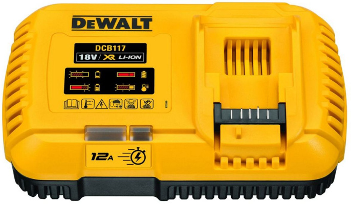 Зарядное устройство DeWalt DCB117-QW Li-Ion, напряжение аккукмулятора: 18/54В, 12Ач, устройство аккумулятора: слайдер, индикатор заряда