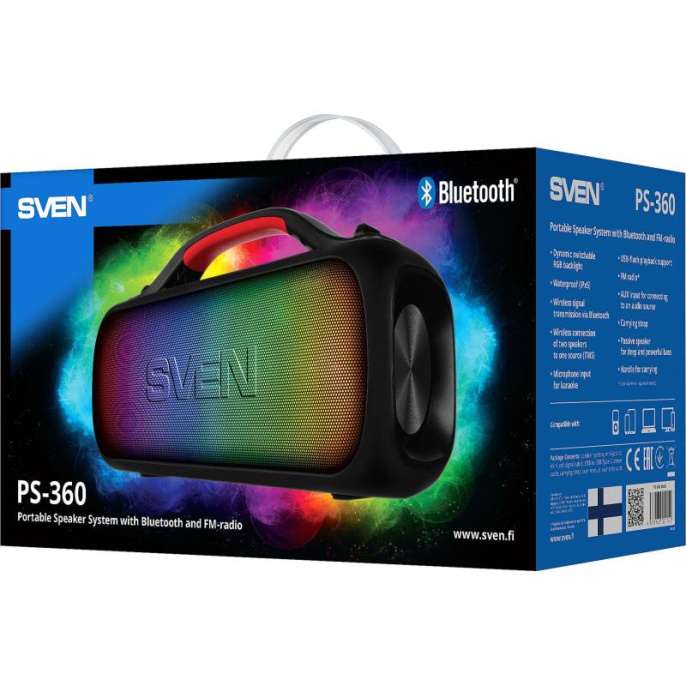 Портативная колонка SVEN PS-360, черный 24 Вт, Waterproof IPx5 , TWS, Bluetooth, FM, USB, 3000мА*ч SV-021740